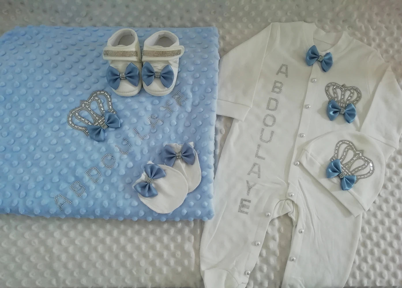 Dollbling Newborn 5pcs Layette Outfits Set Baby Tuxedo Outfit 0-3M Handmade Embroidery Wheat Jewels Crown Parajams Gift Set