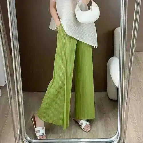 LANMREM patchwork design women's Pleated trousers elastic High Waisted Draped Straight Wide Leg Pants 2025 chic new 2DB3871