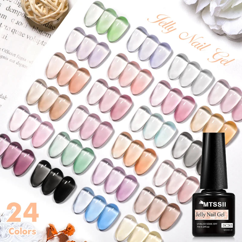 MTSSII 6Pcs/Set Jelly Gel Nail Polish Jelly Transparent Pink Green Black Blue UV Gel Nail Art Varnish Kit Spring Manicure Nails