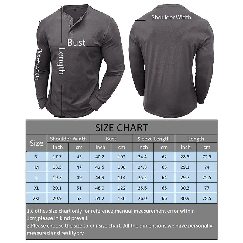 SHiONFA Spring Men's Long Sleeved T-shirt Casual Soft Cotton Base Shirt Placket Front Button Solid Color Pullover