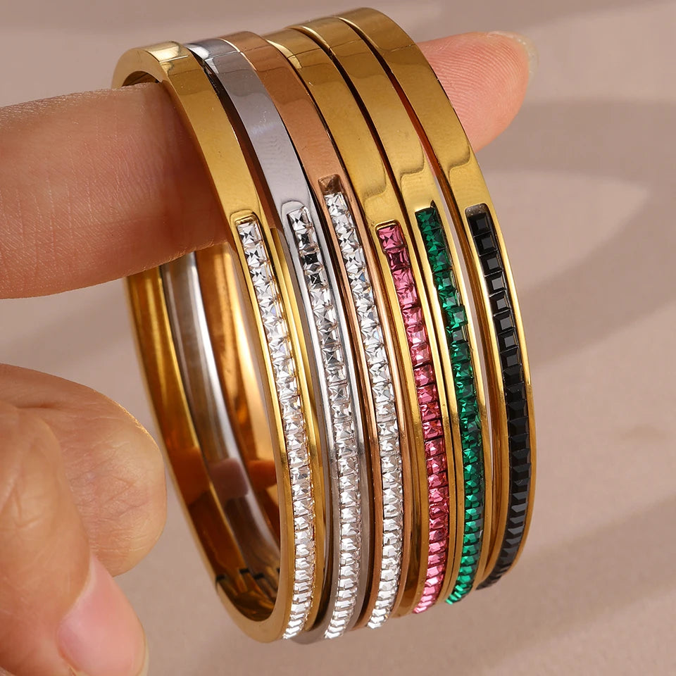 ZAKOL 6 Colors Colorful Geometric Zircon Inlaid Stainless Steel Bracelets for Women Men Versatile Fashion Bohemian Jewelry