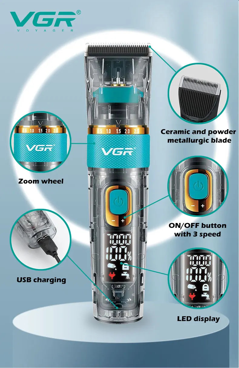 VGR Professional Hair Clipper Barber Waterproof Hair Cutting Machine Beard Hair Trimmer Three-speed Adjust Haircut For Men V-695