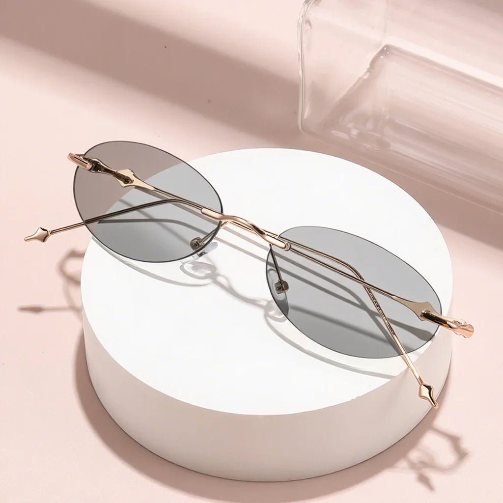 New Photosensitive Color Changing Myopia Glasses Retro Oval Frameless Anti Blue Light Goggles for Men and Women Reading Glasses