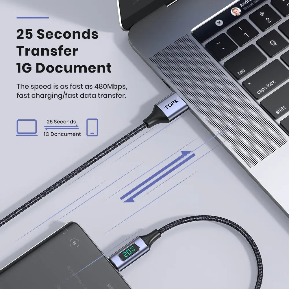 TOPK Micro USB Cable USB Type C Cable 3A for Samsung Xiaomi Fast Charging USB C With Digital Display Mobile Phone Cable
