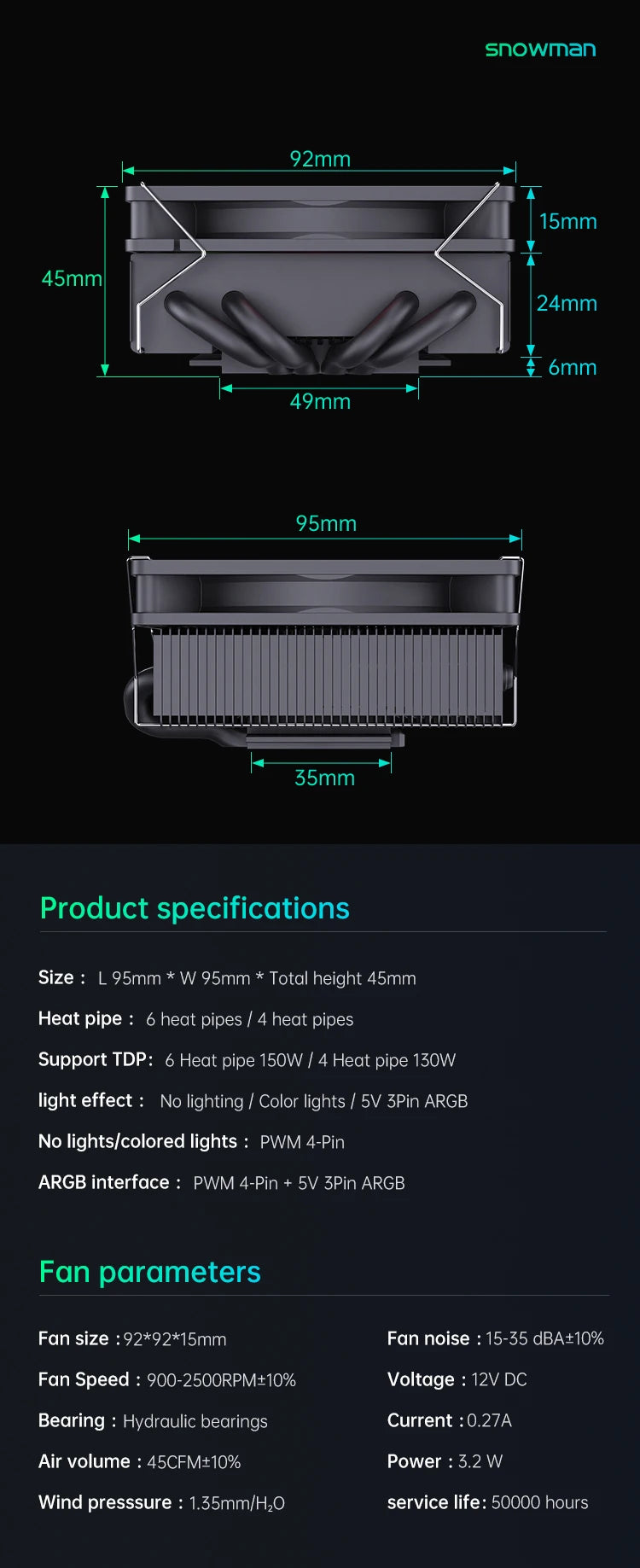 SNOWMAN MC45-4 ITX CPU Cooler Air 4 heat pipes cooling PC heat sink ARGB Fans PWM Intel LGA1851 1700 1200 1151 X99 2011 AM5 AM4