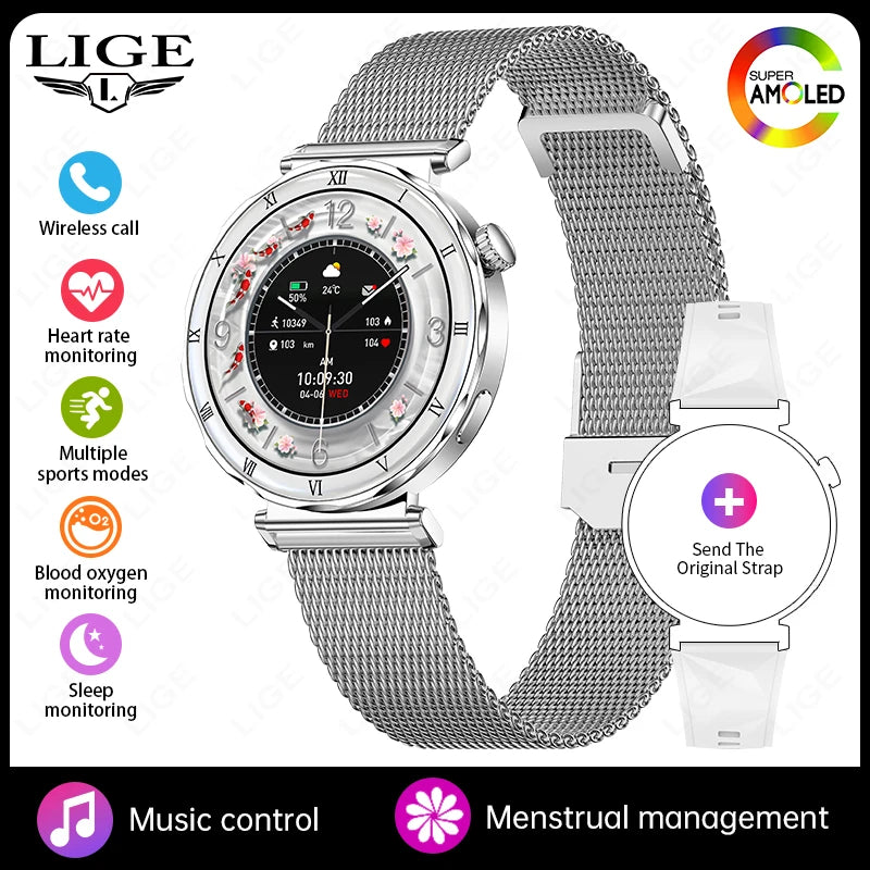 LIGE 1.19"Ultra-Slim AMOLED HD Display Fitness Tracker Smartwatch Bluetooth Call Heart Rate Monitor Waterproof Smart Watch Women