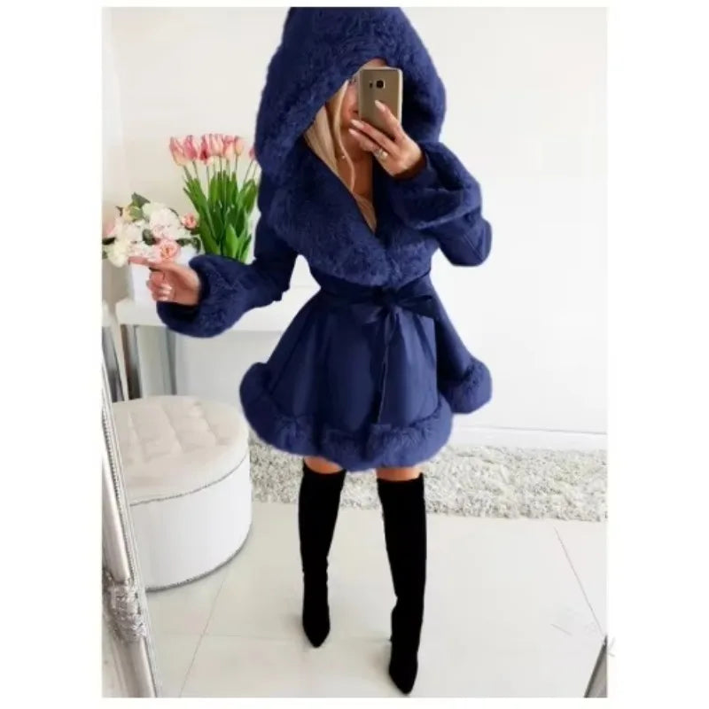 Warm Solid Color Lace-up Belt Fur Splicing New Women's Long-sleeved Ruffle Edge Hooded Jacket Parka