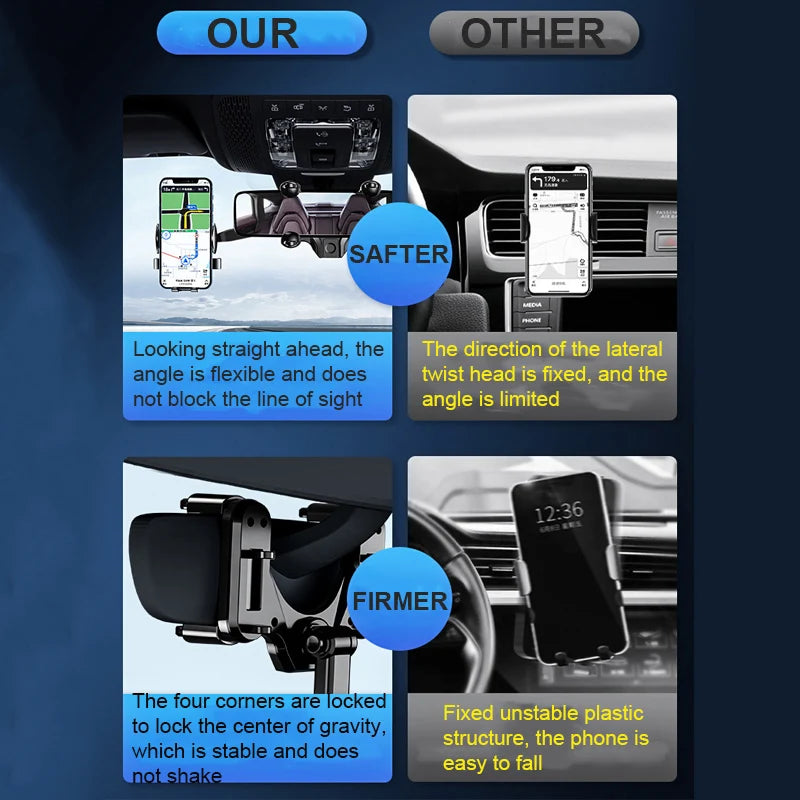 Multifunctional 360 Degree Rotatable Car Phone Holder Car Smartphone Holder Adjustable Retractable Car Rearview Mirror Holder
