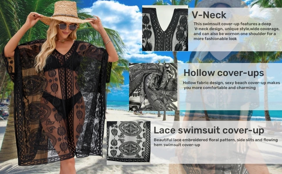Sexy Elegant Lace Beach Cover Up for Women, Bathing Suit Cover Up, V-Neck Swimsuit Coverup for Poolside, Seaside and Party