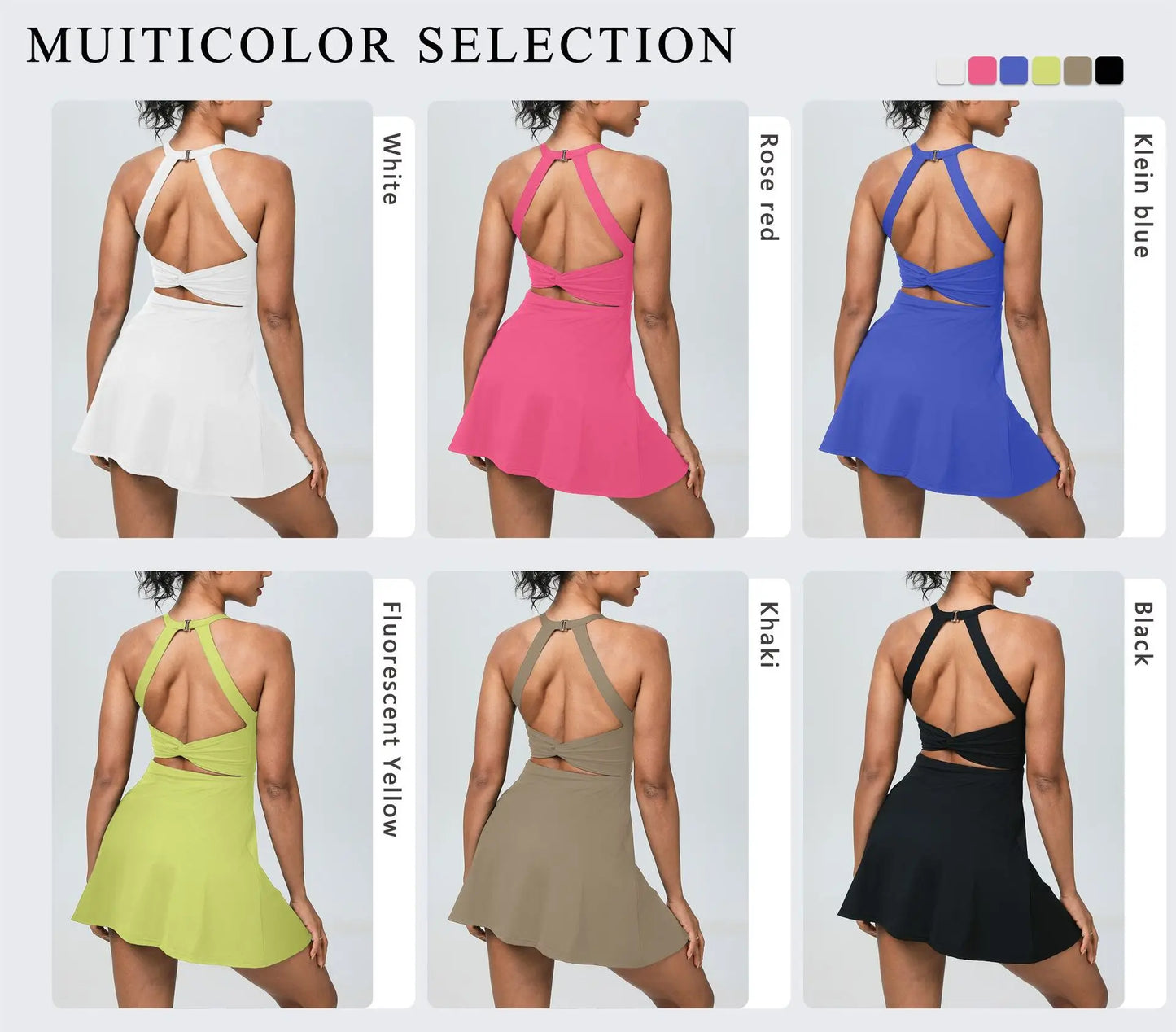 Summer Women Sexy Backless Tennis Dress Sleeveless A-lined Athletic Dress Built-in Bra & Shorts Ladies Elastic Workout Skirts