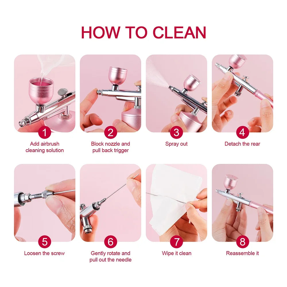 Top 0.3mm Pink Mini Air Compressor Kit Air-Brush Paint Spray Gun Airbrush For Nail Art Tattoo Craft Cake Nano Fog Mist Sprayer