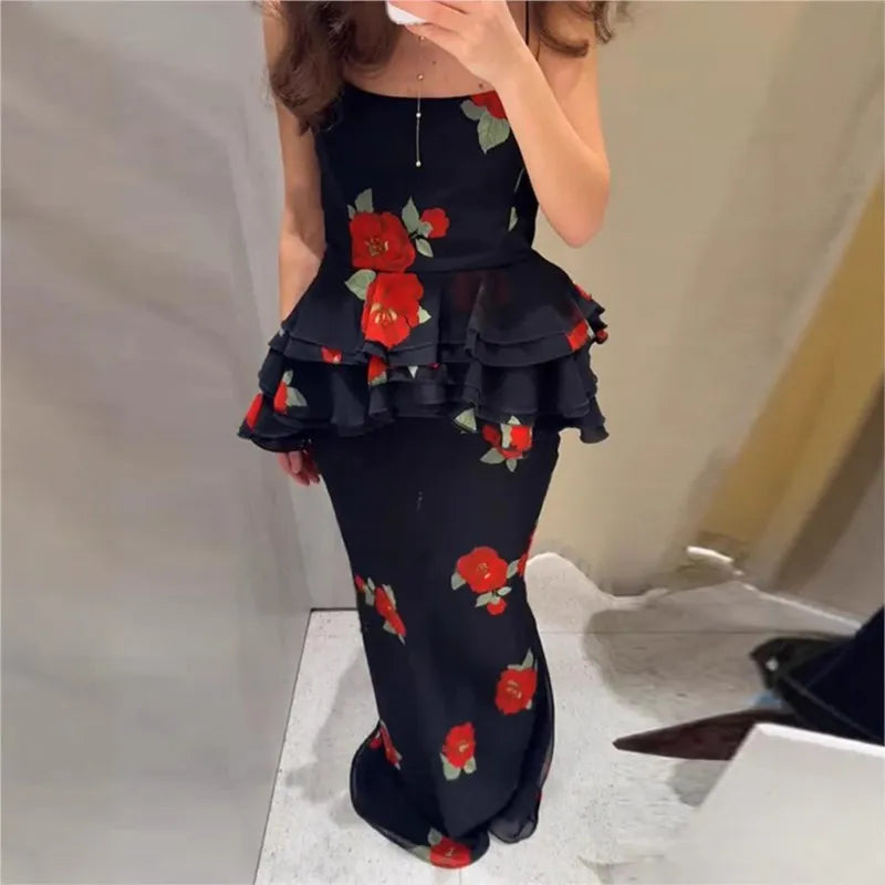 Summer 2-piece Suit Print Flower Mesh Slit Hip-covering Skirt Halter Top Suit Women's Fashion Causal Woman 2 Piece Set Outfit