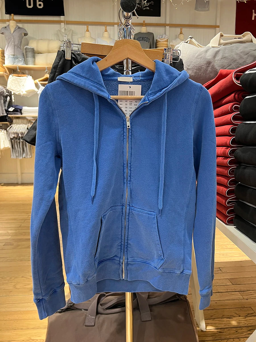 Blue Long Sleeve Zip-up Hoodies Women Autumn Pocket Drawstring Hooded Sweatshirts Preppy Style American Vintage Zipper Outerwear