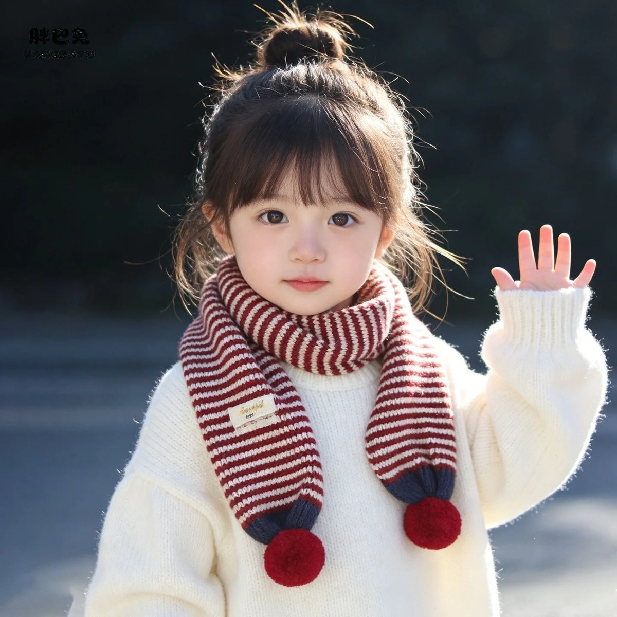 Winter Warm Knitted Kids Scarf Cute Pom Poms Stripe Neck Warmer For Boys Girls Letter Patch Casual Children Scarf