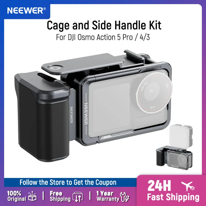 NEEWER Cage and Side Handle Kit Vlogging Protective Metal Video Rig with Magnetic Adapter Mount for DJI Osmo Action 5 Pro / 4/3
