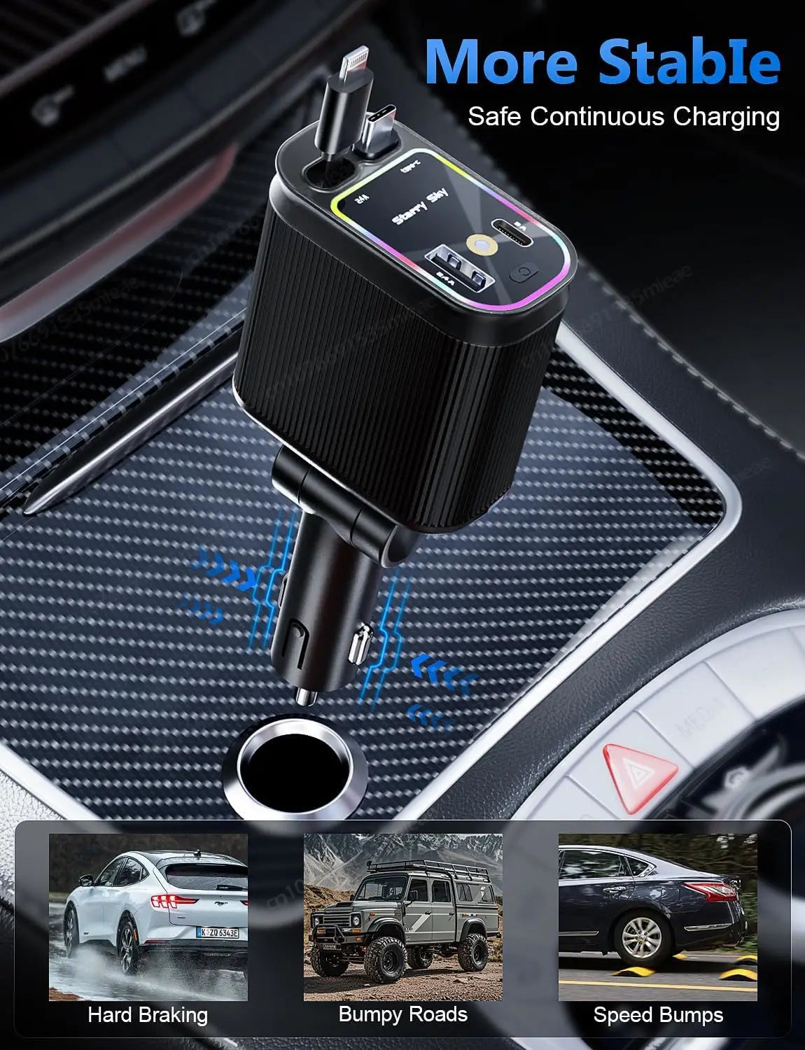 New Starlight in Car Roof Retractable Car Charger,66W 4 in 1 Fast Car Phone Charger,2 Retractable Cables & USB-C Charger Adapter
