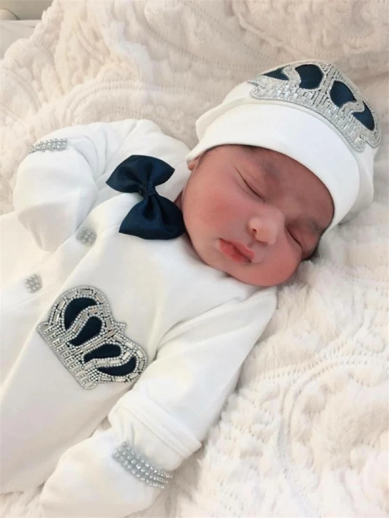 Dollbling Newborn 5pcs Layette Outfits Set Baby Tuxedo Outfit 0-3M Handmade Embroidery Wheat Jewels Crown Parajams Gift Set