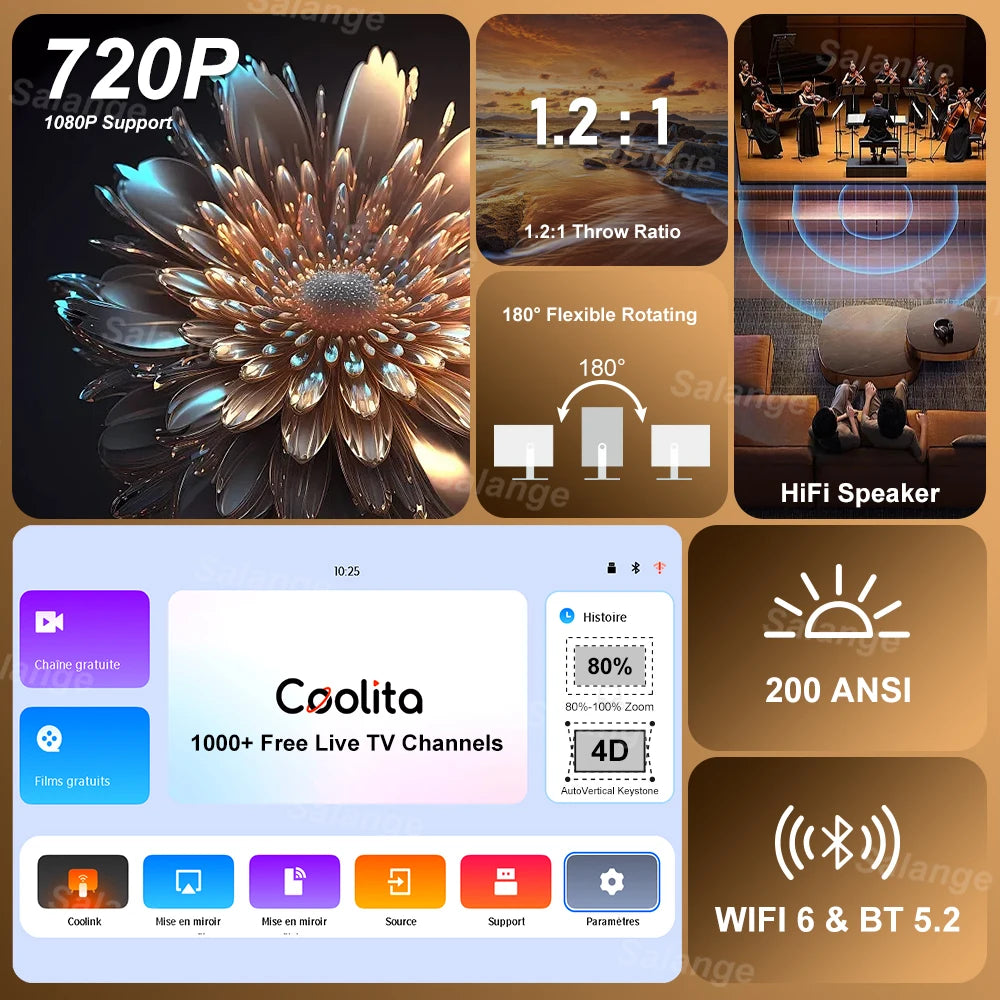 Salange Smart Projector Coolita TV OS with 1000+ Free Channels WiFi6 BT5 Native 720P Support 1080P Video Projector Home Cinema