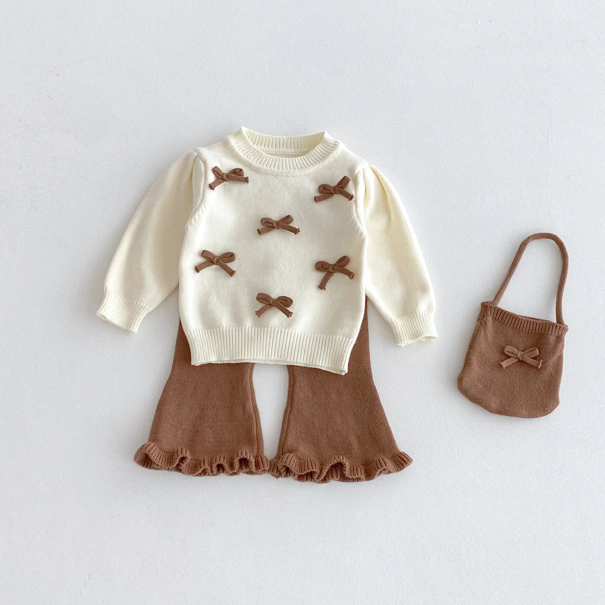 Baby Girl 3-Piece Knitted Outfit Set  Autumn Cute Bowknot Cream Sweater + Brown Ruffle Flared Pants + Mini Bag Girls Clothing