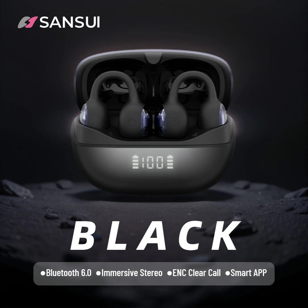 SANSUI W68 OWS Ear Clip Headphones Air Conduction Bluetooth 6.0 Earphones Dual ENC Clear Call TWS Wireless Earbuds with APP