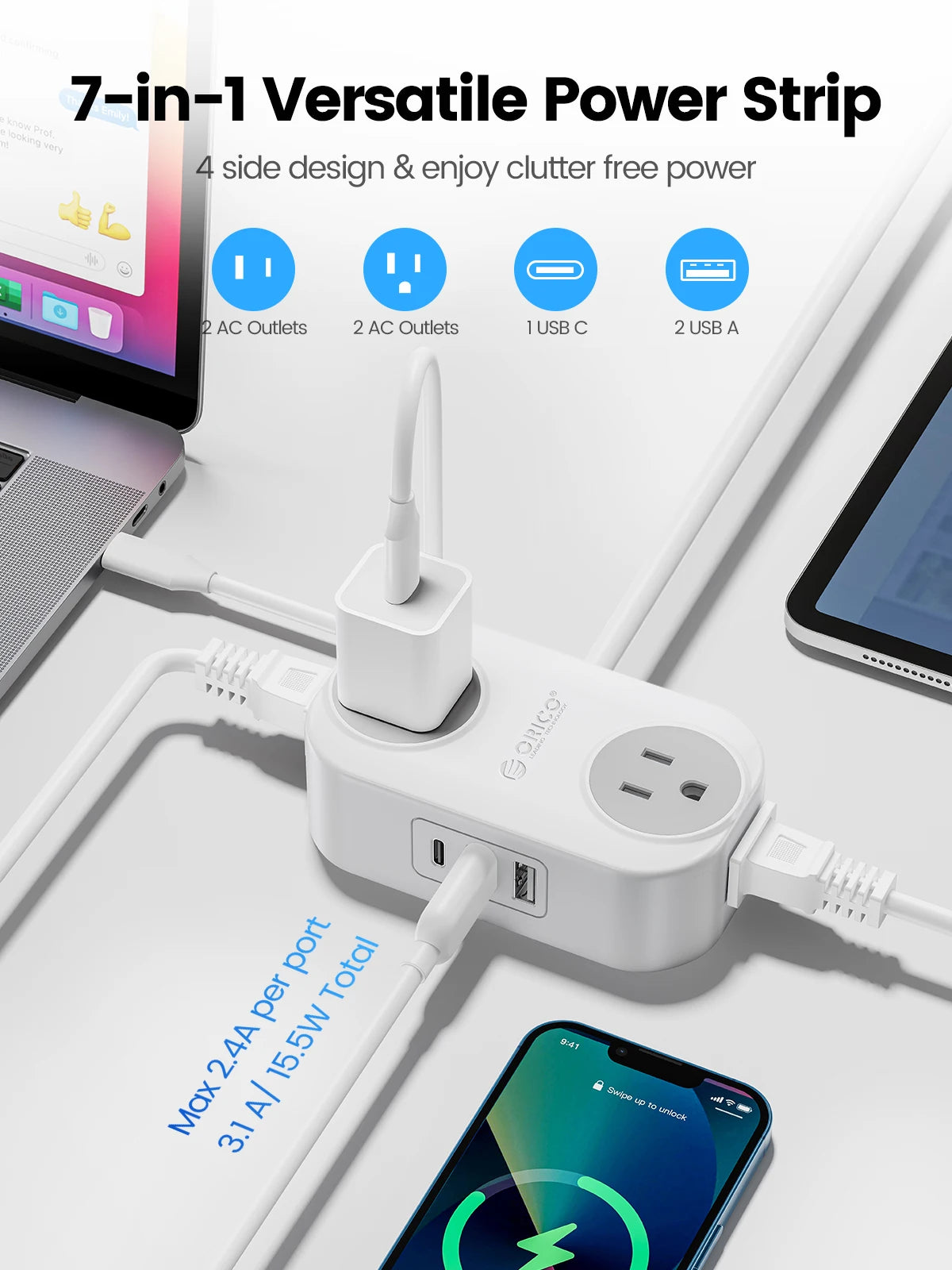 ORICO Travel Power Strip with USB C AC Outlets 3 USB Ports Wrapped Flat Plug Extension Cord with Multiple Outlets for Travel