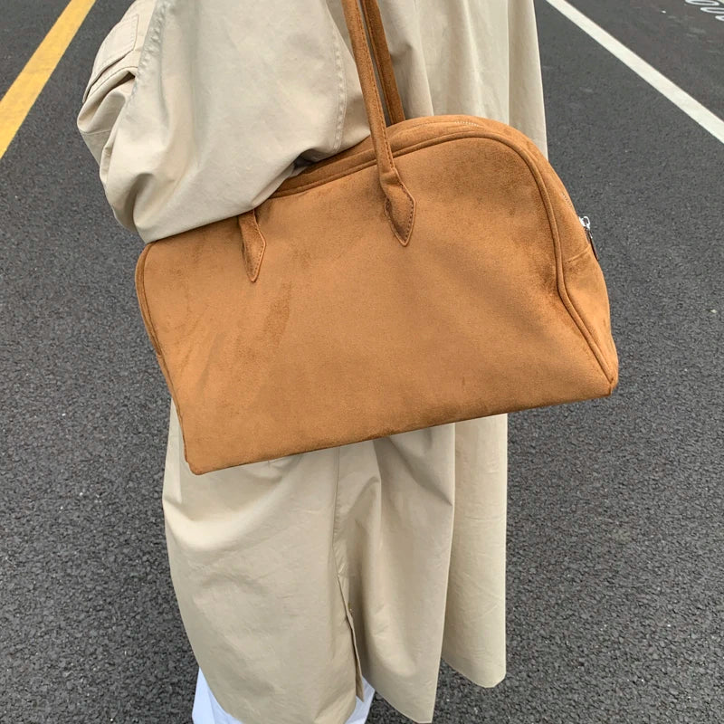 Vintage Women Business Shoulder Bags Simple Ladies Commute Tote Bag Suede Leather Female Underarm Bag Burgundy Large Handbags