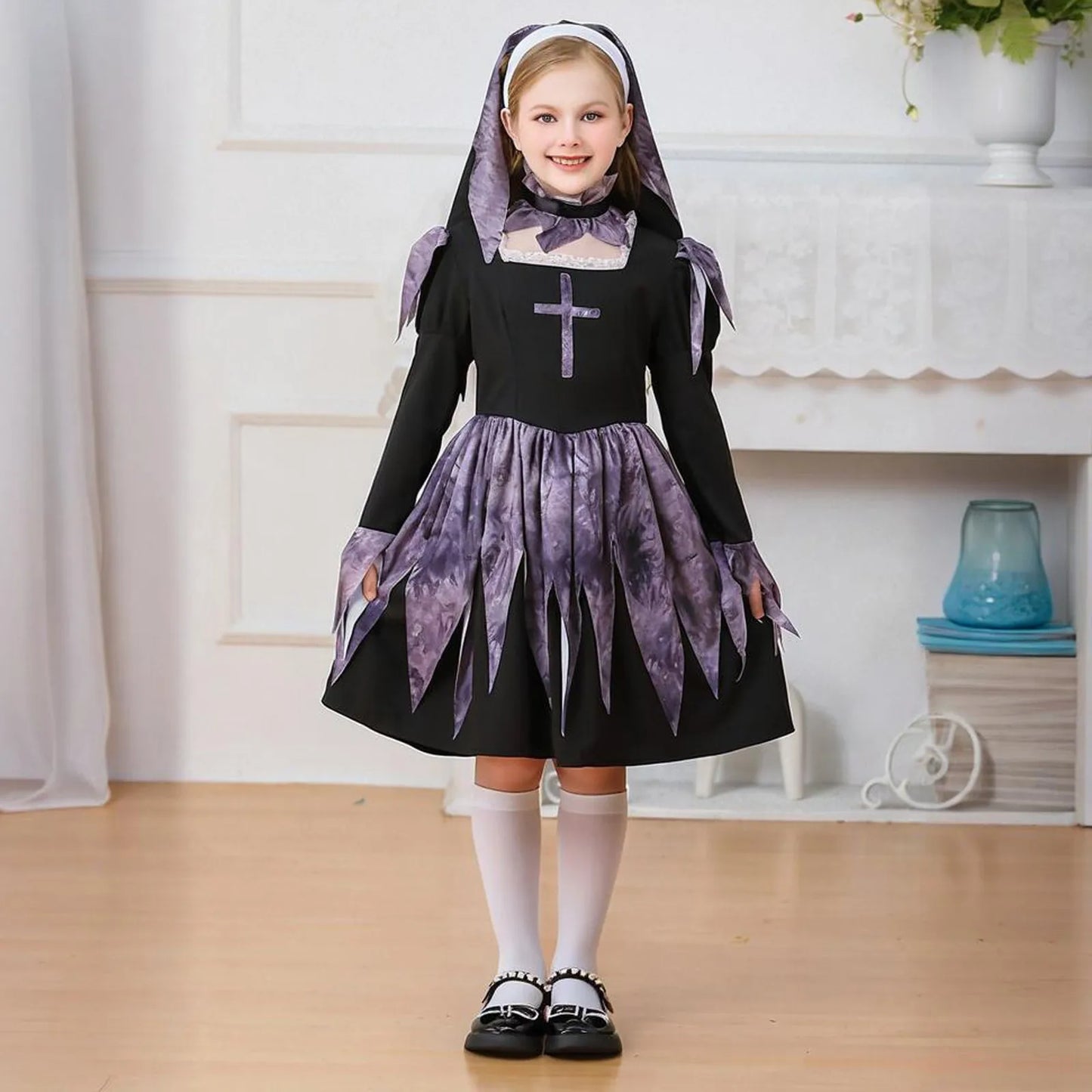 Halloween Children's Costume Sweet Cute Nun Carnival Party Girls Priest Cross Maria Dress Sister Parent-child Costume