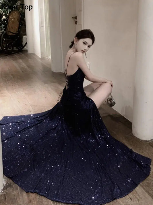 Women's Elegant V-neck Sequin Graduation Dresses Sexy Backless Split Bandage Runway Robe Summer Luxury Formal Occasion Clothes