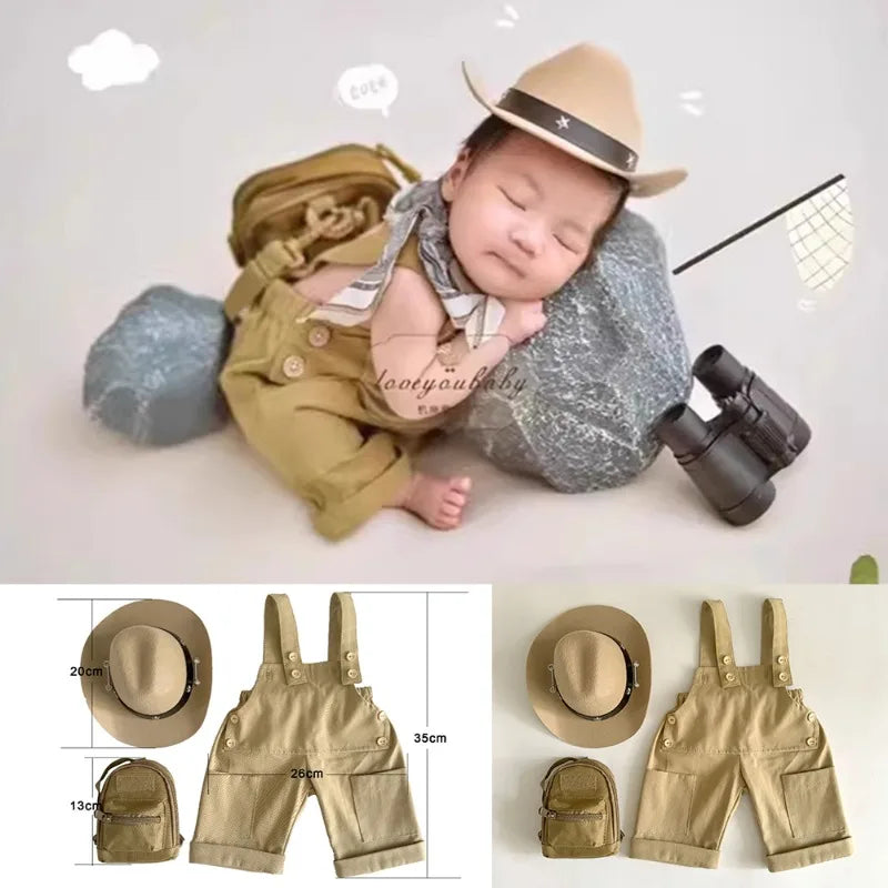 3pcs/set Adorable Baby Suit, Newborn Photography Outfits Retro Overalls Tool Kit + Hat, Western Cowboy Style Shooting Props