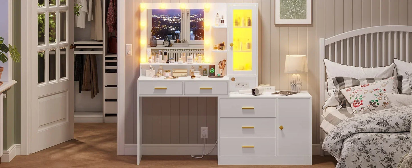 Vanity Desk, Makeup Vanity with Lights & Charging Station and Ambient Light, Vanity Table with Dresser, Bedroom Furniture
