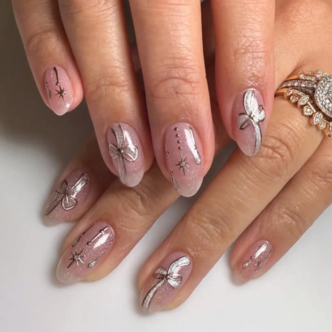 24pcs Long Almond False Nails with Flower Pearl Rhinestone Design Fake Nails Leopard Print Press on Nails Sets Finished Manicure