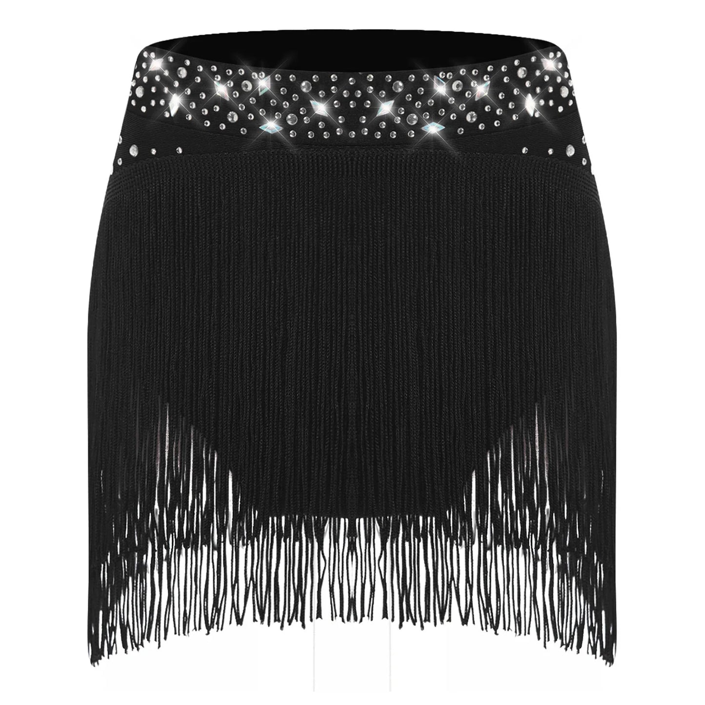 Girls Sparkly Sequins Latin Jazz Tango Dance Skirts Elastic Waistband Fringe Skirt with Safety Shorts Dance Performance Costumes
