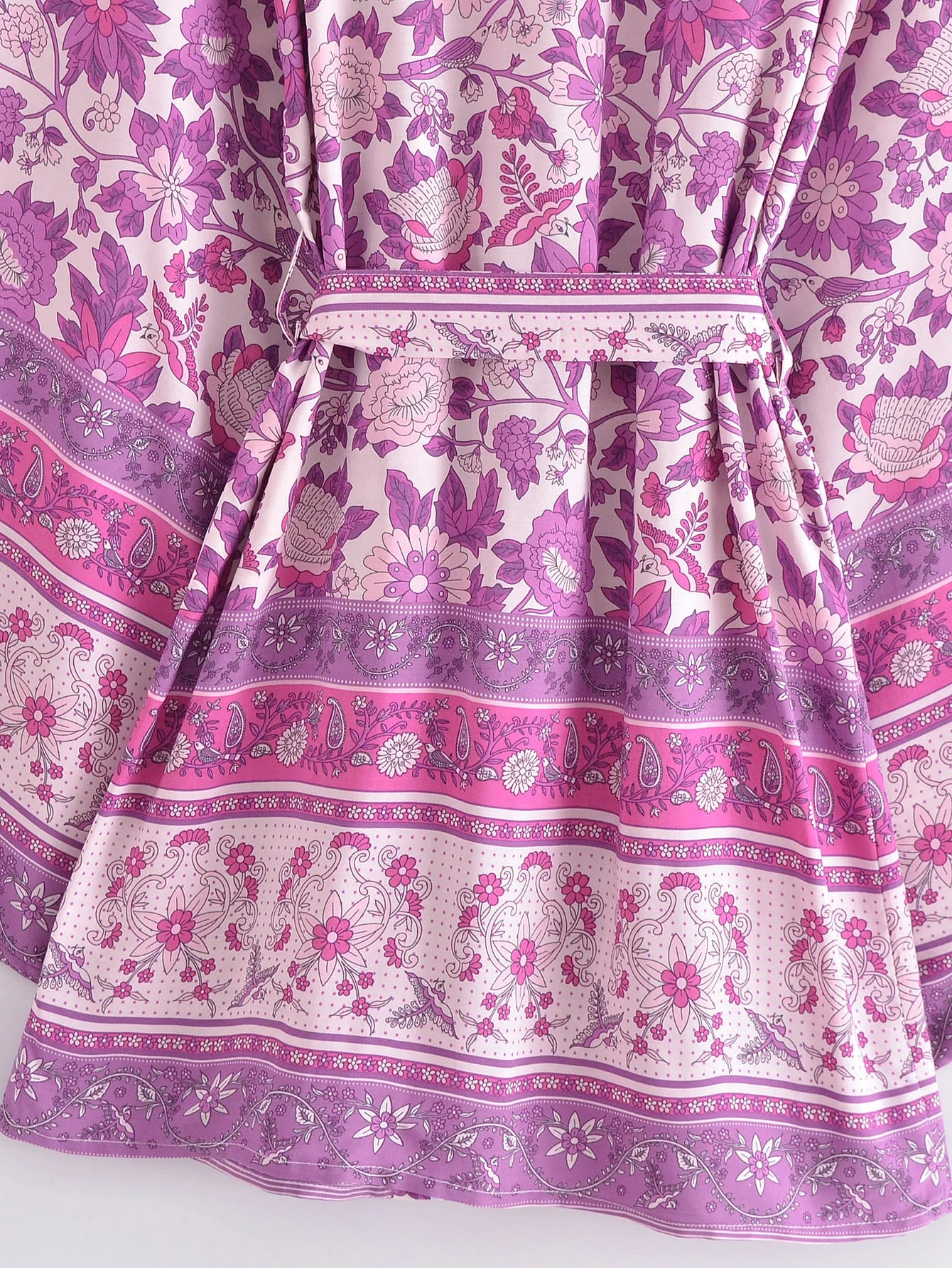 BOHO Women Blue With Pink Flower Print Kimono Shirt Holiday Tide Bow Sashes Mid Long Cardigan Summer Blouse Beach Cape