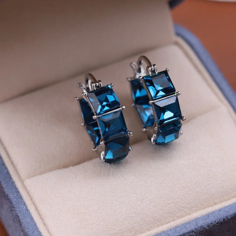 2025 Korean new design fashion jewelry luxury square blue crystal hoop earrings elegant women's daily work accessories