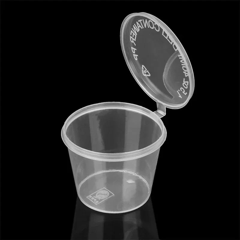 50pcs Disposable Sauce Containers Package Box&Lid Clear Portable Plastic Takeaway Sauce Cup Containers Food Box With Hinged Lids