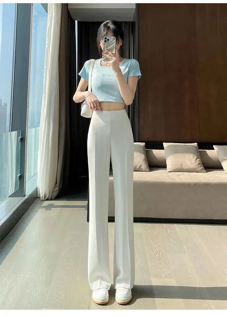 Solid Tailoring High Waist Female Pants Straight Leg Work Loose Clothes Baggy Office Trousers for Women Casual Original Nylon G