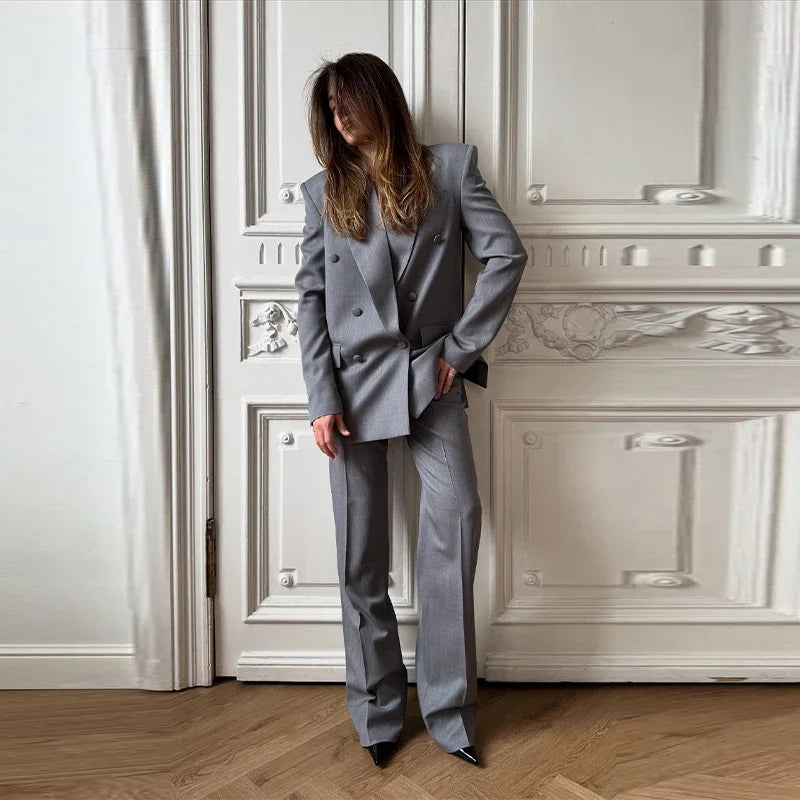 Elegant Blazer Coat Pants Set Women 2026 Lapel Double Breasted Jacket Straight Trousers Female Sets Spring Chic Lady Suit