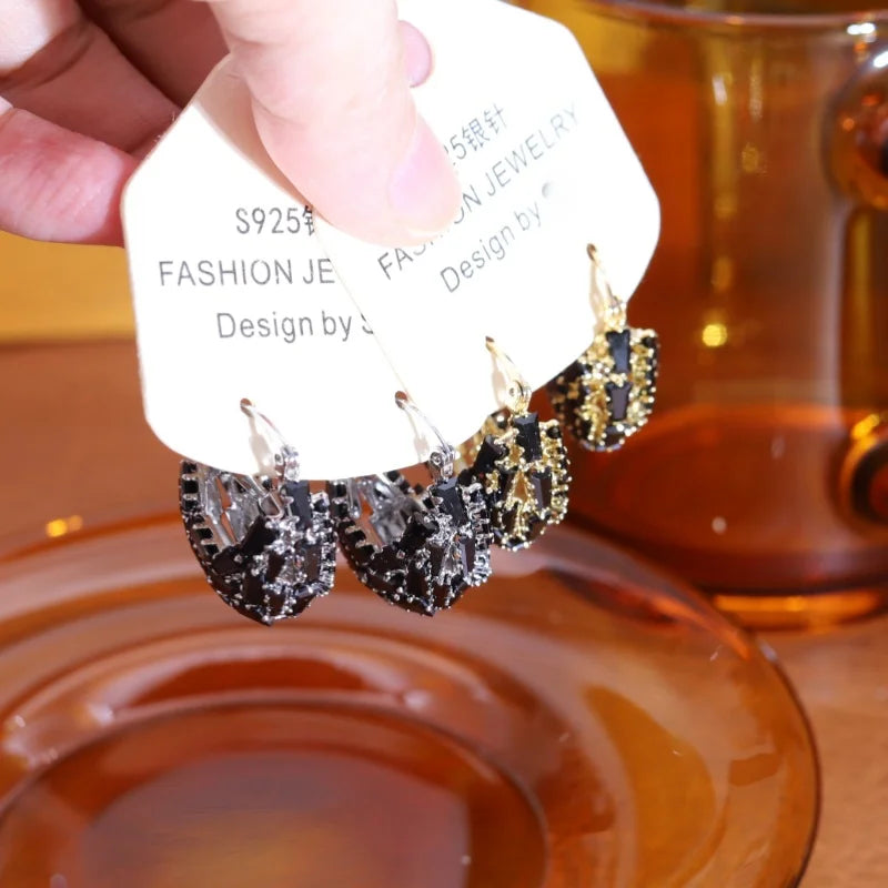 Korean new design fashion jewelry 14K gold plated black zircon bag earrings elegant women's daily work accessories