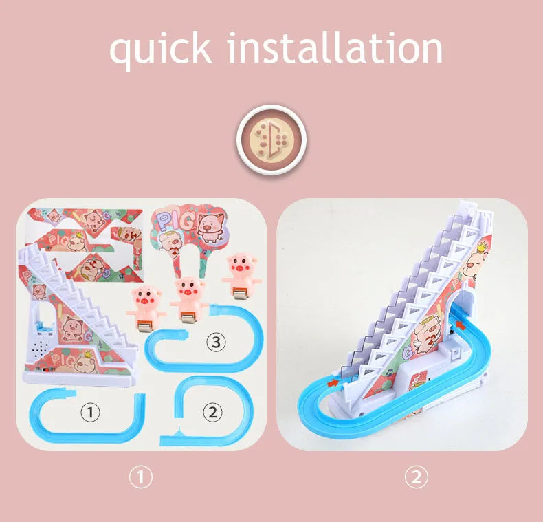 Electric Duck Track Rail Racing Slide Piggy Climbing Stairs Baby Toy LED Lights Musical Slide Roller Coaster Toys for Gift