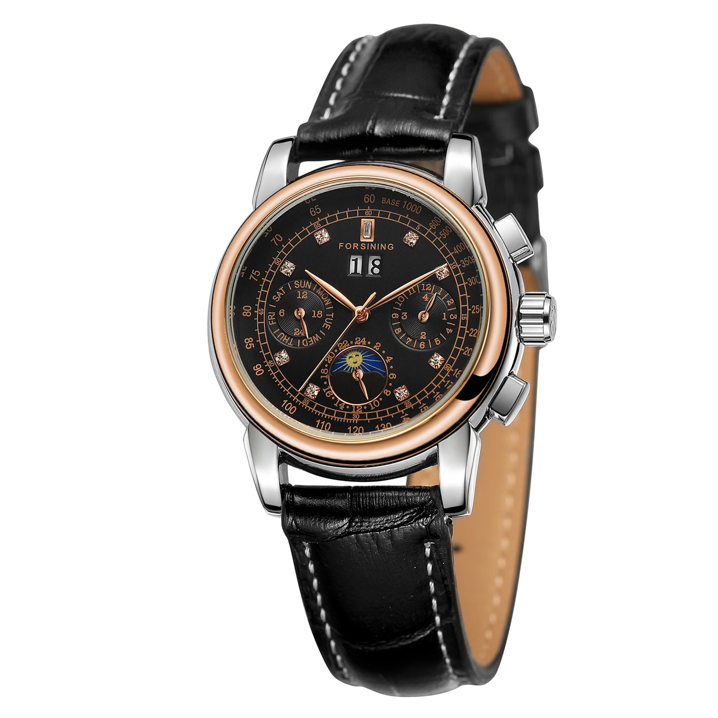 Forsining Fashion Ladies Stainless Steel Case Moon Phase Mechanical Watch Women's Multifunctional Diamond Dial Automatic Clock