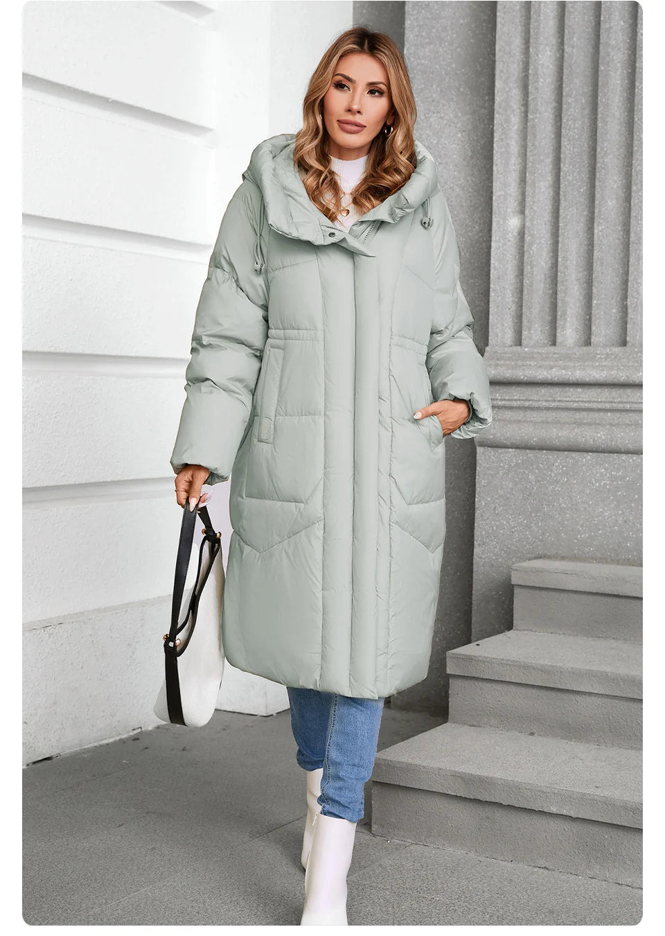 GASMAN 2024 Winter Down Jacket Women Long Classic zipper Design Pocket Stand Collar Hooded Slim Coat Women Parkas 88590