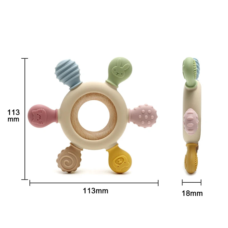 Cartoon Stegosaurus Baby Wooden Ring Silicone Teething Toys Easy to Grip Newborn Gift BPA Free Colorful Infant Chewing Molar Toy
