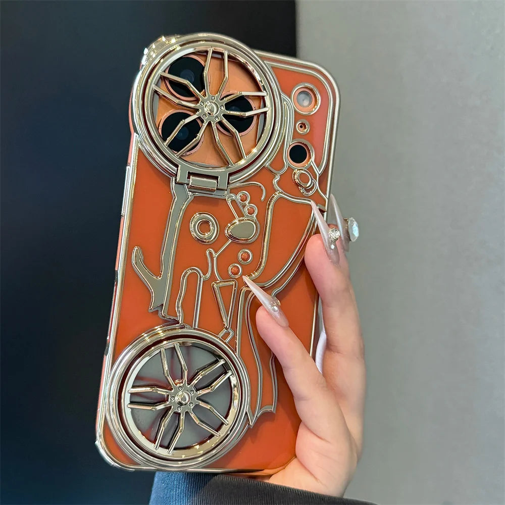 Motorcycle 3D Flip Up Bracket Lens Protection Case for iPhone 12 13 14 15 Plus 16 17 Pro Max Airbag Shockproof Solid Color Cover