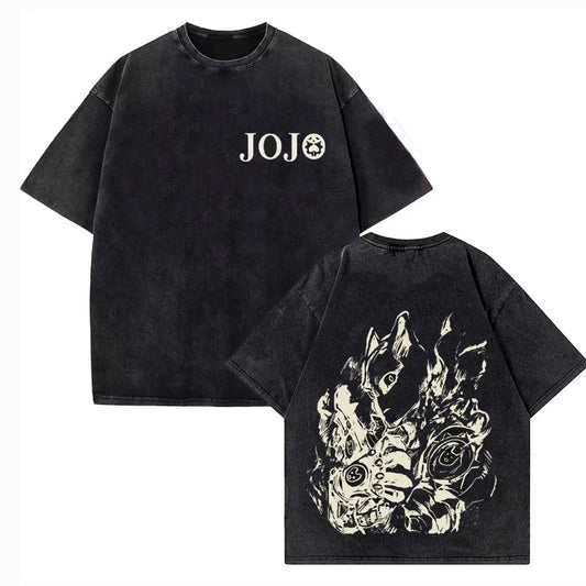 Vintage Washed TShirt Men JoJo Bizarre Adventure Gyro Zeppeli Streetwear T-shirt Anime Print Cotton Casual Short Sleeve Tshirt