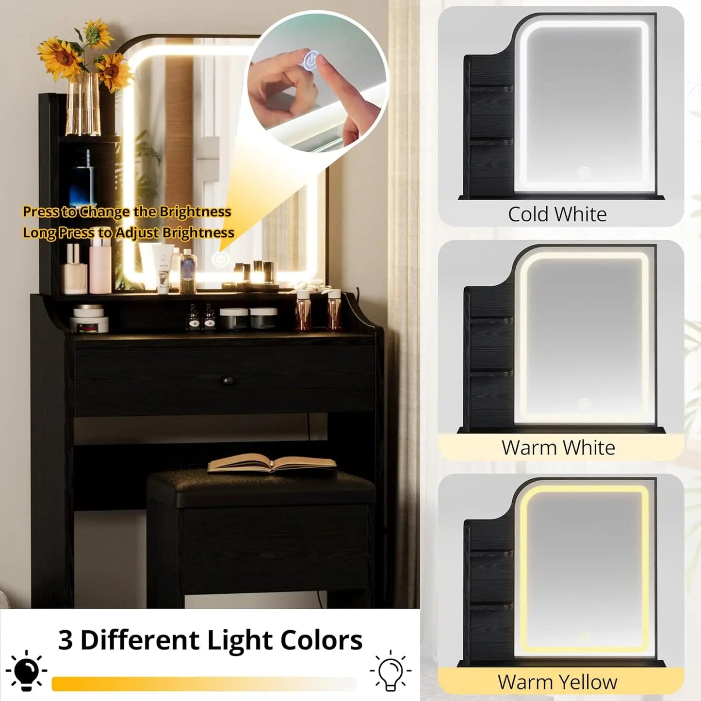 Small Makeup Vanity Desk with Mirror and Lights, Vanity Table Set with Storage Drawer, Chair and Three Shelves, Bedroom, Black