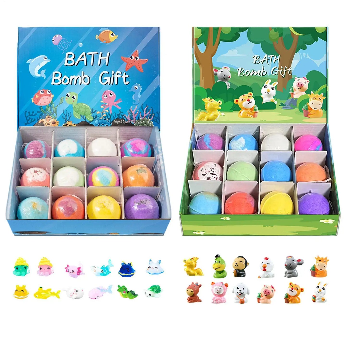 12Pcs Ocean Themed Bath Bombs Gift Set with Surprise Sea Animal Toys Inside Natural Bubble Bath Salt Balls for Kids Holiday Gift