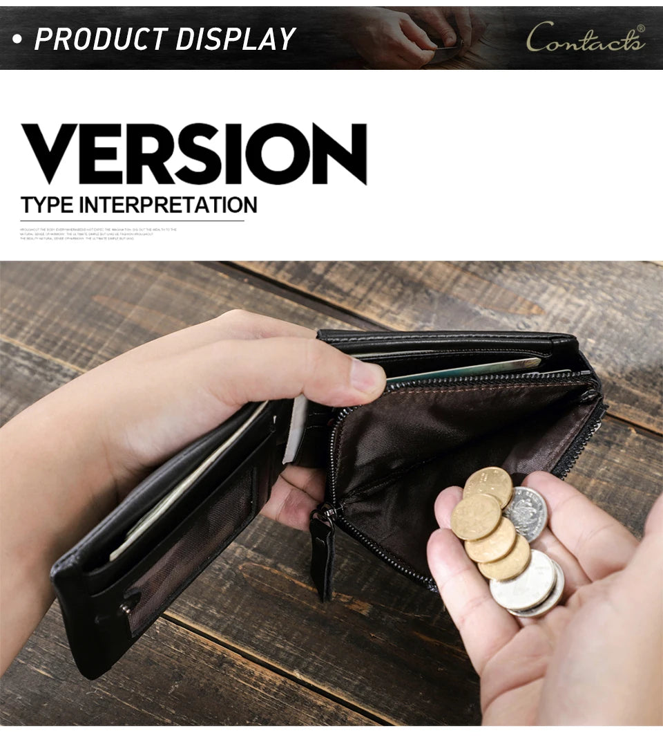 CONTACT'S Genuine Leather Men Wallet Vintage Trifold Hasp Wallet Zipper Coin Purse Card Holder Money Clip Men's Wallets