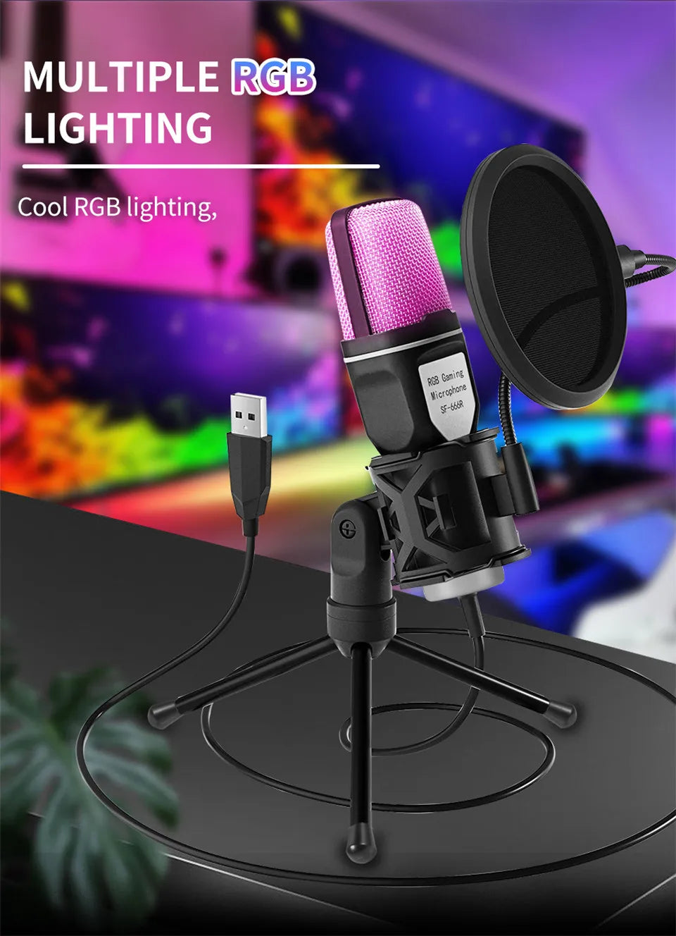 USB Microphone RGB Microfone Condensador Wire Gaming Mic for Podcast Recording Studio Streaming Laptop Desktop PC