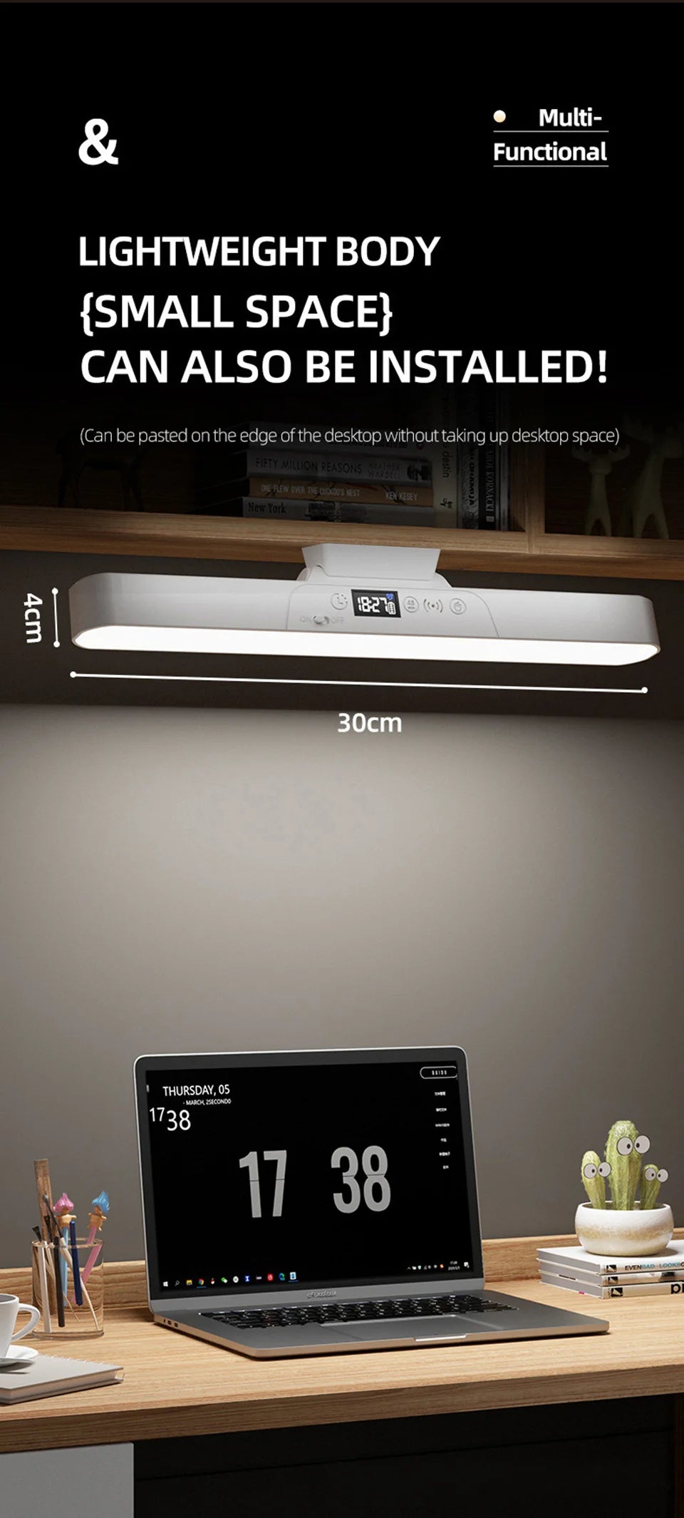 Eye-care Magnetic Desk Lamp USB Rechargeable LED Night Light Battery Status & Time Display Reading Light Table Lamp for Kitchen