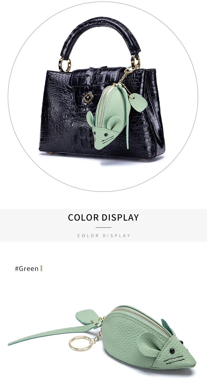 Women's Leather Mini Coin Pouch - Cute Mouse Keyring Lipstick Clutch Bag with Pendant Charm for Gift Essentials